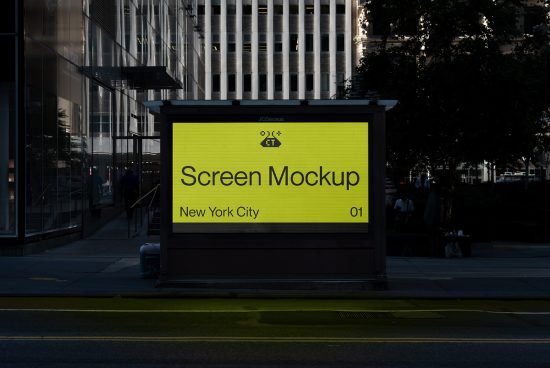 Urban outdoor screen mockup display in a city environment for advertising design presentation, suitable for graphic templates.